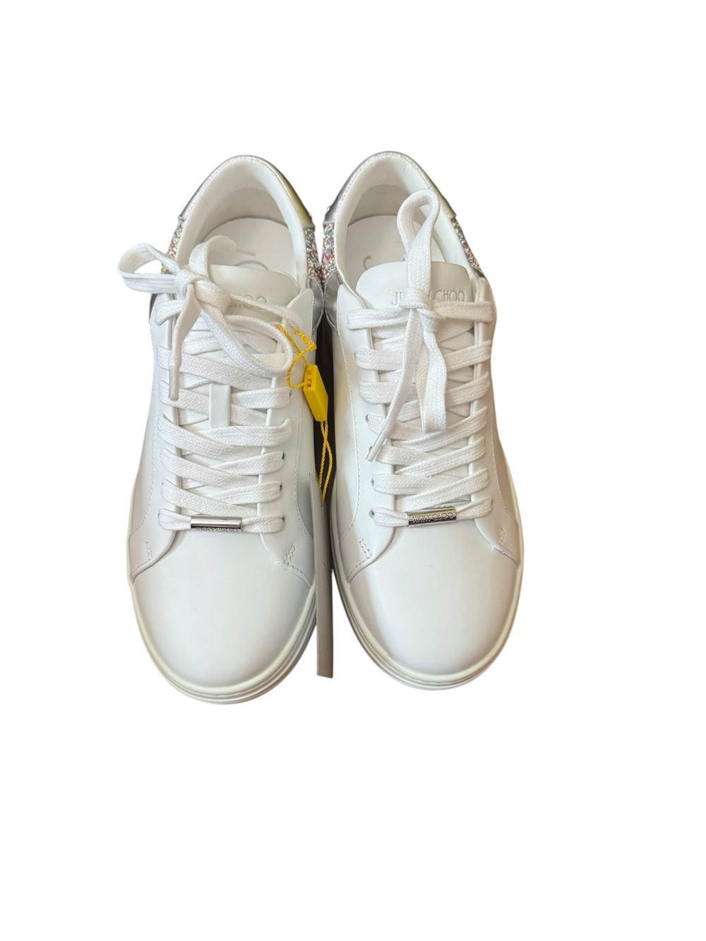 Jimmy Choo White Leather Low-Top Sneakers with Multicolor Glitter Heel - Picture 8 of 10